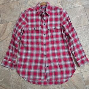 Madewell‎ Red Grey Plaid Flannel Button Down Shirt XS Long Sleeve Curved Hem